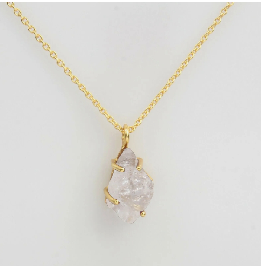 Raw Herkimer Diamond 18k Gold Plated Pendant 925 Silver Healing Necklace Jewelry